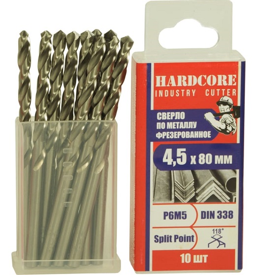 Сверло по мет. фрез. Р6М5 4,5х80мм 10шт