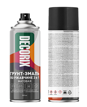 Аэрозольная грунт-эмаль по ржавч. 3в1 DECORIX, чёрная матовая, 520мл/12шт