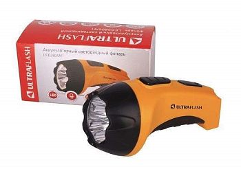 Фонарь ручной Ultraflash LED3804М1 (акк.4V 0.4Ah) 5св/д (80lm) до 50м, желт+черн/пластик, вилка 220V