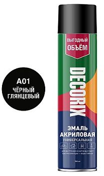 Аэрозольная эмаль унив. DECORIX, чёрный глянец БОЛЬШОЙ балон (А01) 780мл/12 шт
